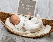 Neugeborenes Baby in einem Korb, trägt einen weißen Overall mit Tiermotiv, neben einer Tafel mit der Aufschrift "Willkommen Elodie".