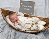 Neugeborenes Baby in einem Korb, trägt einen weißen Overall mit Tiermotiven. Neben dem Baby steht ein Schild mit der Aufschrift "Willkommen Milan".