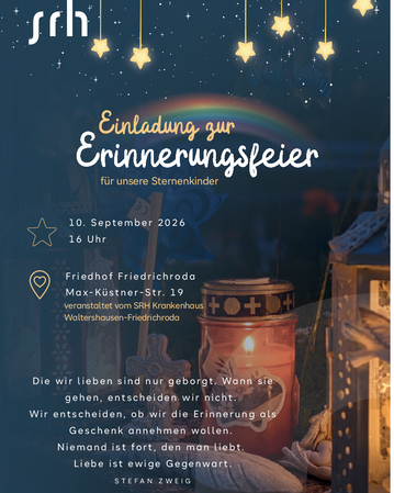 Einladung zur Erinnerungsfeier für Sternenkinder am 10. September 2026, 16 Uhr, Friedhof Friedrichroda, Max-Küstner-Str. 19.