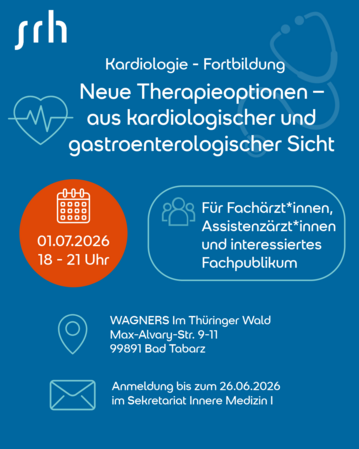 Kardiologie-Fortbildung zu neuen Therapieoptionen am 01.07.2026 in Bad Tabarz, für Fachärzte und Interessierte. Anmeldung bis 26.06.2026.