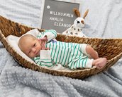 Neugeborenes Baby in einem Korb, trägt einen gestreiften Schlafanzug. Neben dem Baby steht ein Schild mit dem Namen "Amalia Eleanor".