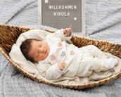 Neugeborenes Baby in einem Korb, trägt einen weißen Pullover mit bunten Herzen. Neben ihm steht ein Schild mit der Aufschrift "Willkommen Nikola".
