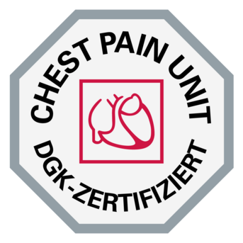 Zertifizierungssymbol für eine Brustschmerzeinheit, gekennzeichnet mit "DGK-ZERTIFIZIERT" und einem stilisierten Herz.