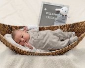 Neugeborenes Baby in einem geflochtenen Korb, trägt einen grauen Overall mit Punkten. Neben dem Baby steht ein Schild mit der Aufschrift "Willkommen Frieda".