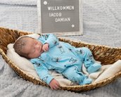 Neugeborenes Baby in einem Korb, trägt einen blauen Schlafanzug mit Tiermotiven. Ein Schild im Hintergrund begrüßt "Iacob Damian".