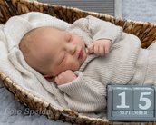Ein schlafendes Baby in einem Korb, eingekuschelt in eine Decke, mit einem Kalender, der den 15. September anzeigt.