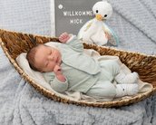 Neugeborenes Baby liegt in einem geflochtenen Korb, trägt einen hellgrünen Anzug und gestreifte Socken. Neben dem Baby steht ein Stofftier und ein Schild mit der Aufschrift "Willkommen Mick".