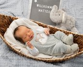 Neugeborenes Baby in einem Korb, trägt einen grauen Overall mit Tiermotiv. Neben ihm steht ein Schild mit "Willkommen Matteo" und ein Plüschelefant.