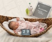 Neugeborenes Baby in einer Wäschekorb-Hängematte, umgeben von einem Schild mit dem Namen "Eleya Sophie" und einem Kalender, der den 29. August zeigt.