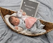 Neugeborenes Baby liegt in einem geflochtenen Korb, umgeben von einer Decke, mit einem Stofftier und einem Schild mit der Aufschrift "Willkommen Amelie".